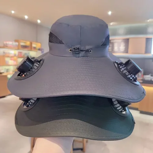 Imagen 2 del producto Sombrero con ventilador solar de ala ancha 2025 Protección solar con doble potencia (USB solar) Playa al aire libre ajustable Sombrero de pesca para caminata para hombres y mujeres