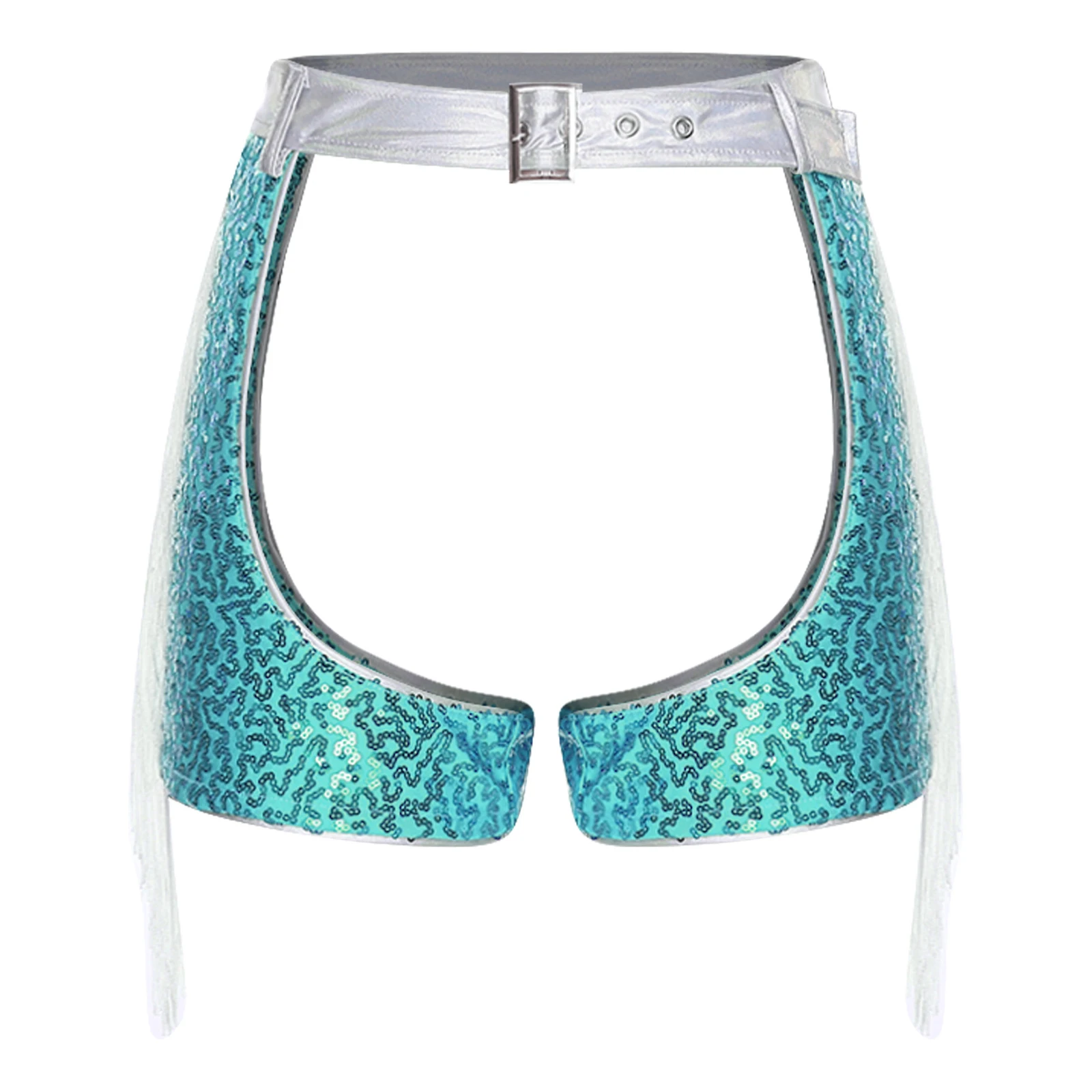 

Women Stylish Chaps Shorts Open Crotch Sequins Tassel Decor Micro Shorts Costumes Cover Accessory Disco Bar Performance Costumes