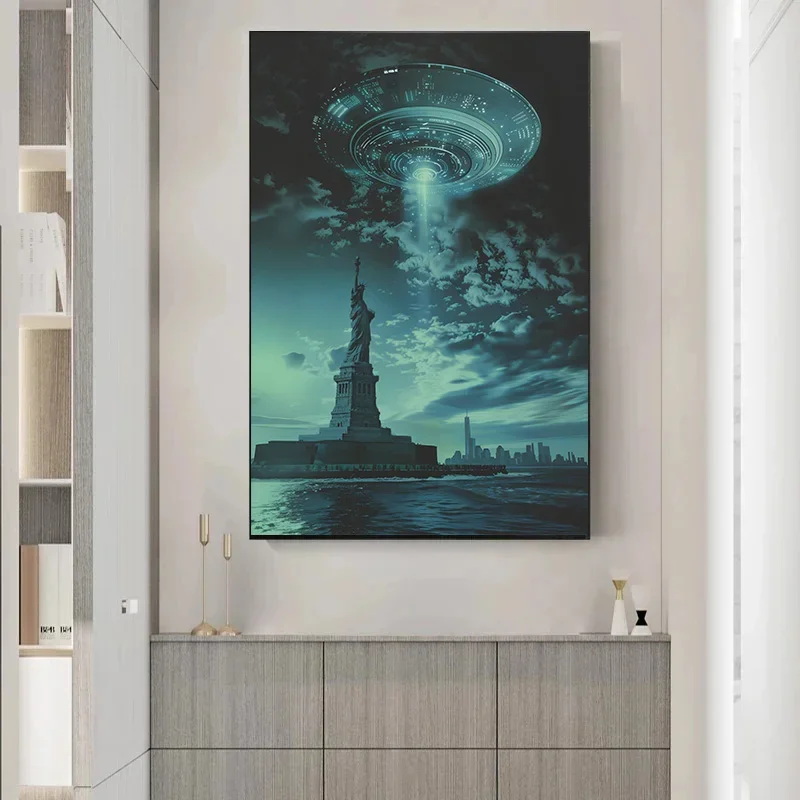 Retro Cartoon Abstract City Spaceship UFO Woman Poster Canvas Art Painting Printing Home Room Wall Pictures Decor Gift