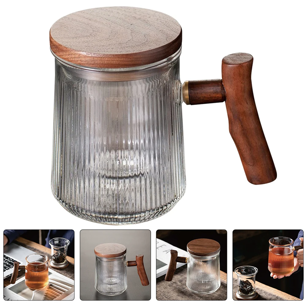 

Vertical Pattern Tea Cup Tea Cup With Infuser And Lid 380ml Striped Wood Handle Flat Lid 3 Pieces Set Infuser Mug Kitchen Bar