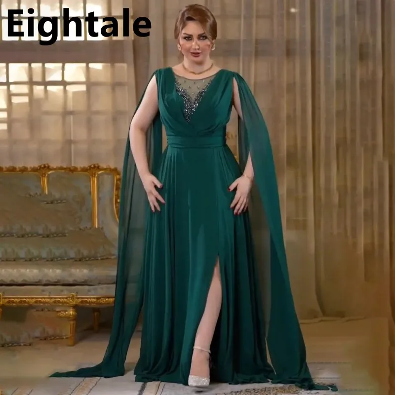 

Eightale 2024 Green Chiffon Cape Sleeve Mermaid Slit Evening Dress For Wedding Party Formal Prom Dress Dubai Party Gown