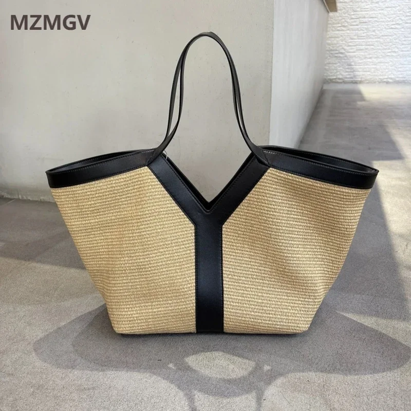

Большая вместительная соломенная кожаная пляжная сумка-тоут для женщин, лето 2022, роскошная дизайнерская сумка, кошельки, пляжный отдых