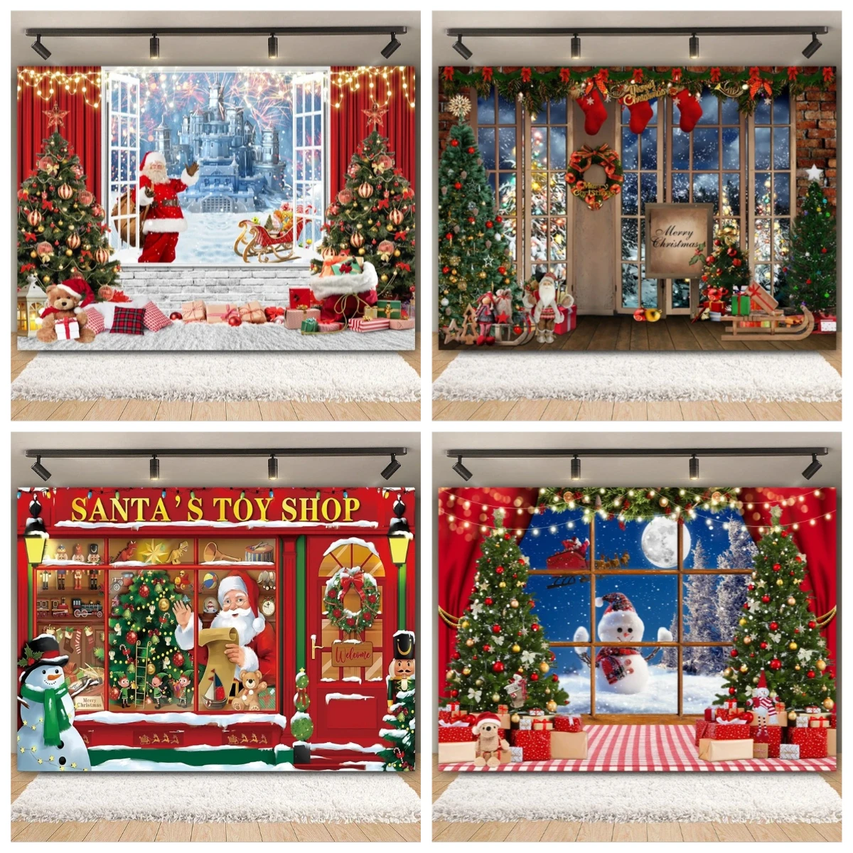 

Christmas Party Backdrop Winter Snow Christmas Tree Santa Claus Fireplace Window Kids Portrait Family Photography Background