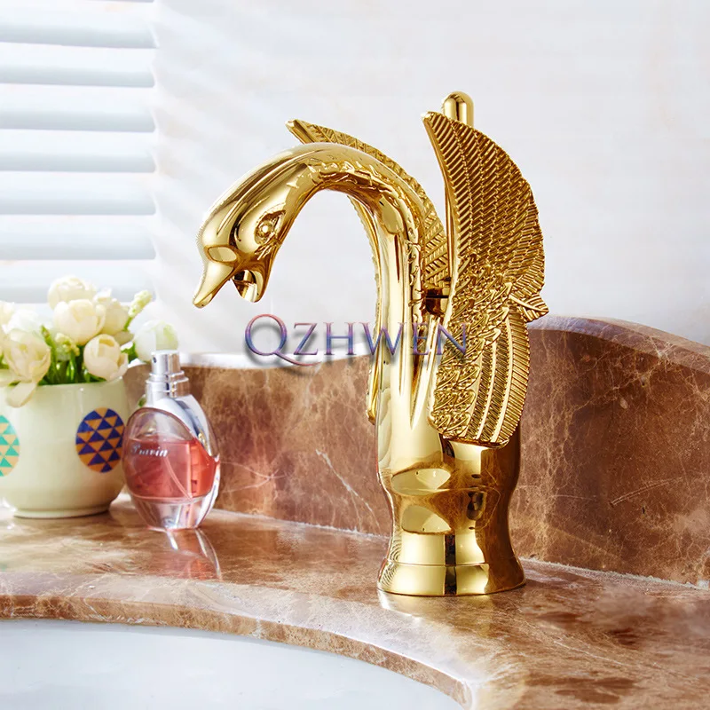 

Brass Gold-plated Swan Basin Faucets Hot and Cold Water Bathroom Faucet Washroom Luxury Balcony Sink Hand Wash Vintage Faucet