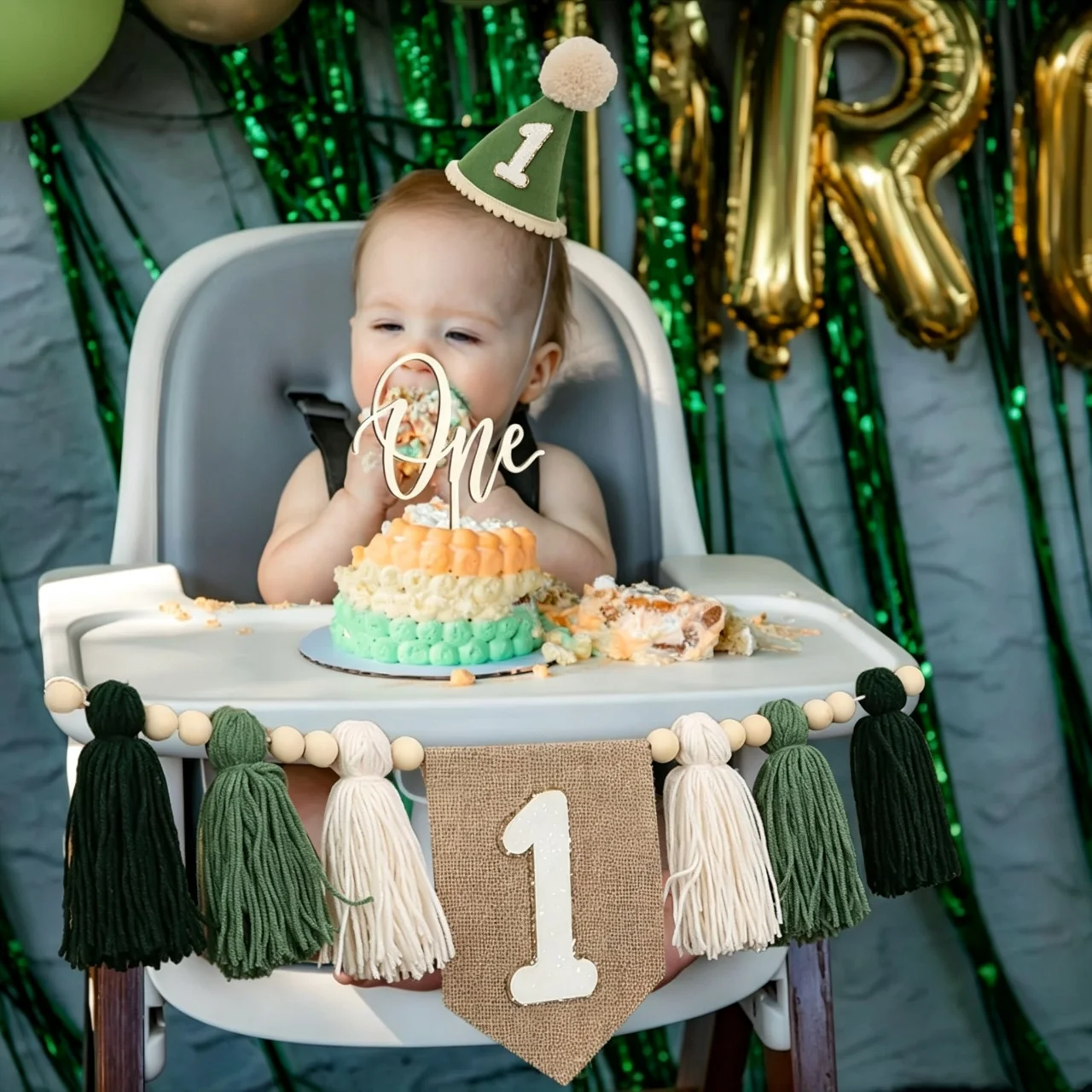 Green High Chair Banner First Birthday Decorations for Boy, Wood Bead Tassel Garland Banner for Baby 1st Party