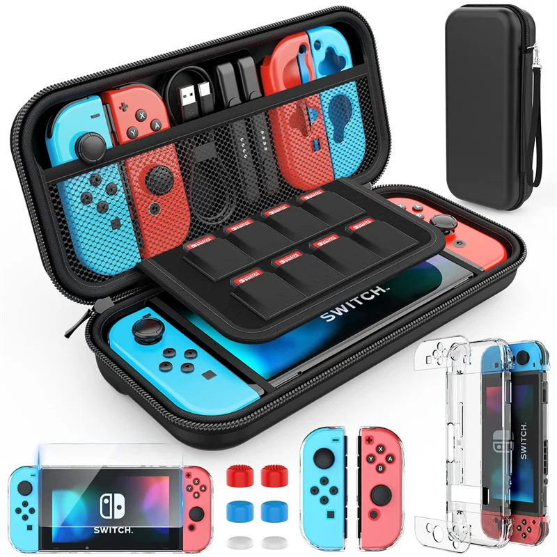 Switch Case Compatible with Nintendo Switch, 9-in-1 Accessory Kit with Carrying Case, Expandable Case, HD Screen Protector