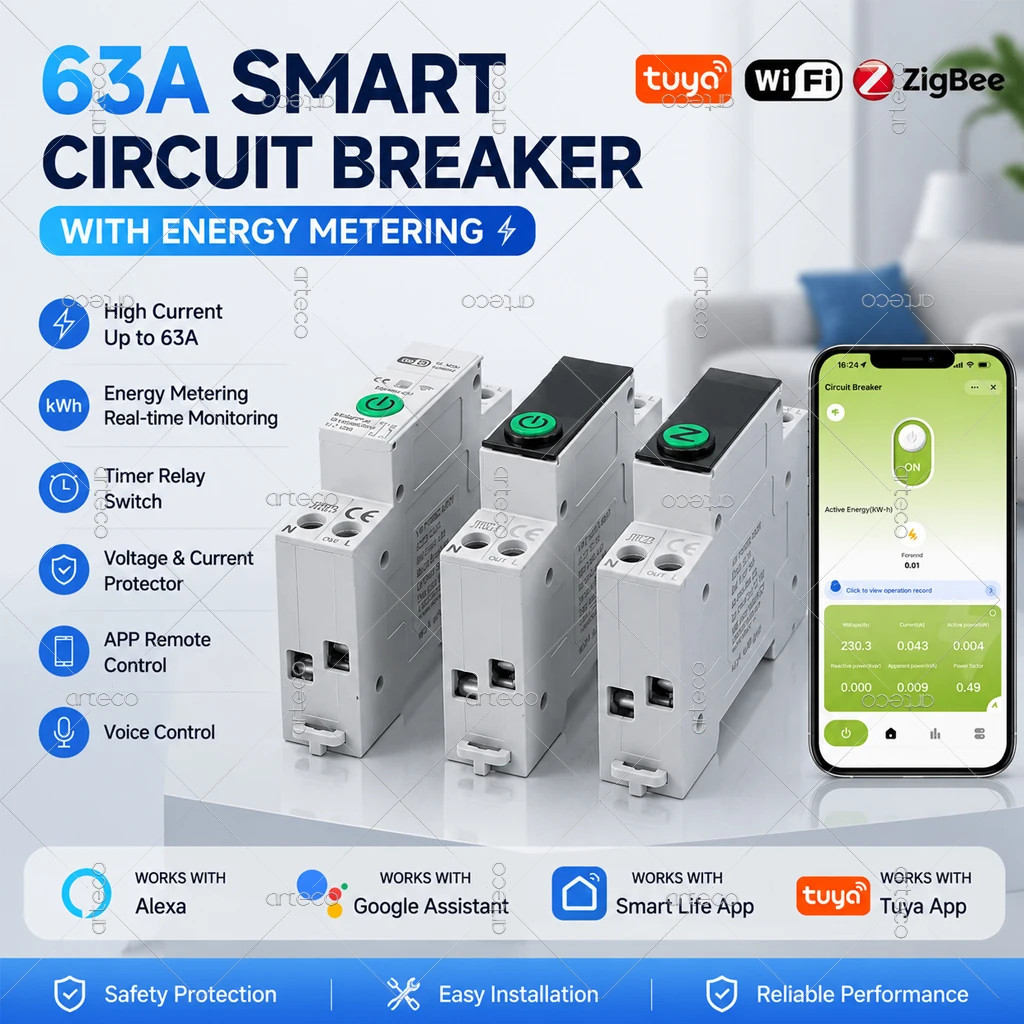 63A Tuya WiFi Zigbee Smart Cricuit Breaker 1P+N Power Energy kWh Voltage Current Meter Protector Timer App Remote Control Switch
