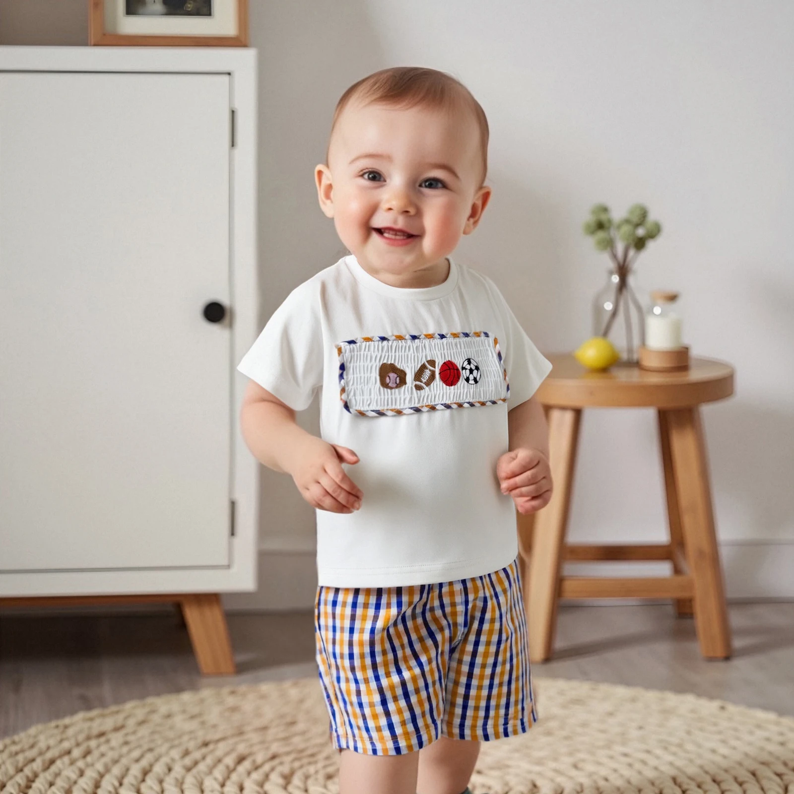 

Summer Baby Clothing Toddler Girls Boys Ball Embroidery Short Sleeve T-shirts Plaid Shorts Clothes Set Outfits