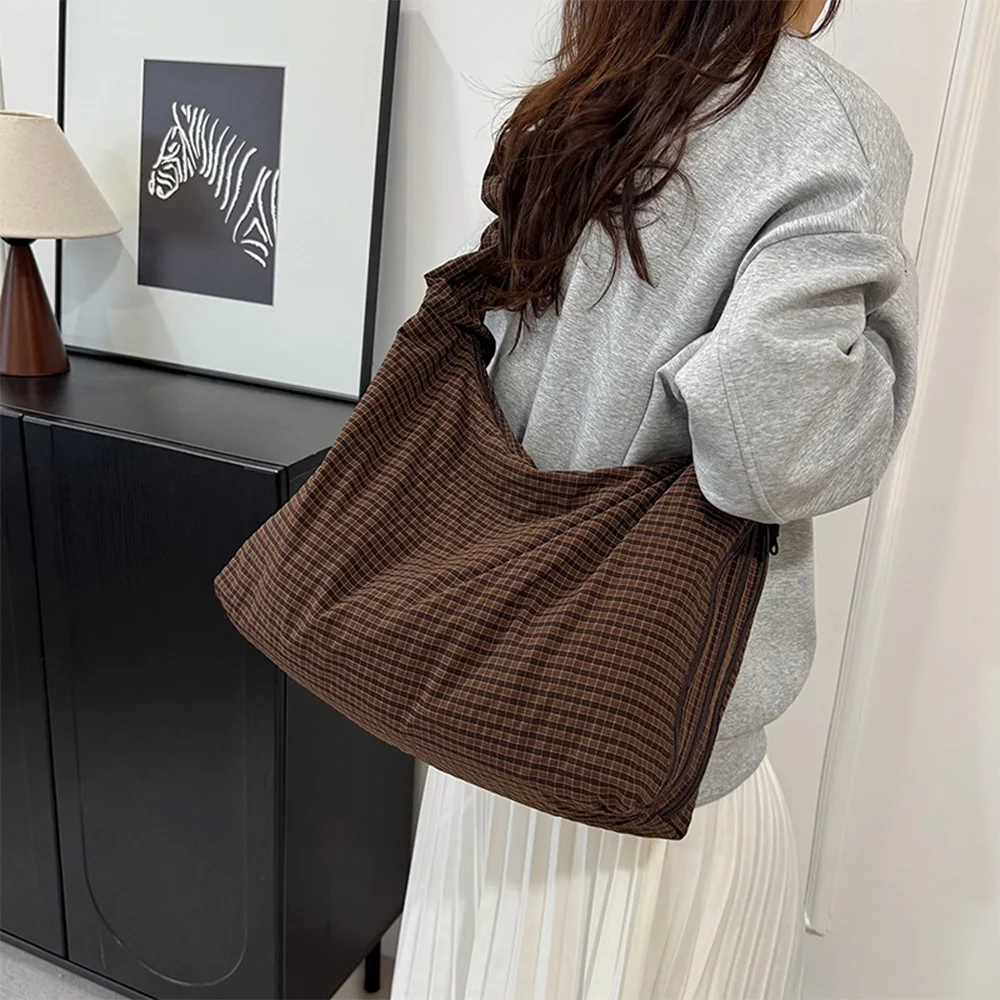 

Женская сумка-тоут в корейском стиле с клетчатым узором и рюшами, большая вместительная сумка через плечо, повседневная, для ежедневных поездок и путешествий