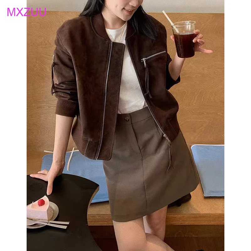 

Женская куртка из натуральной замши с воротником-стойкой на молнии, укороченная, в стиле бомбер, для осени и зимы, повседневная, в мото-стиле