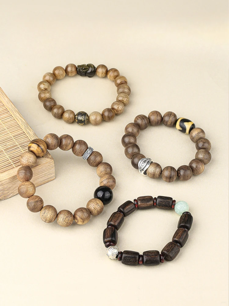 Bracelet Eaglewood round Hand-Polished Buddha Beads Tiger Teeth Six Words Mantra Beads Obsidian Couple Accessories Retro GiftBox