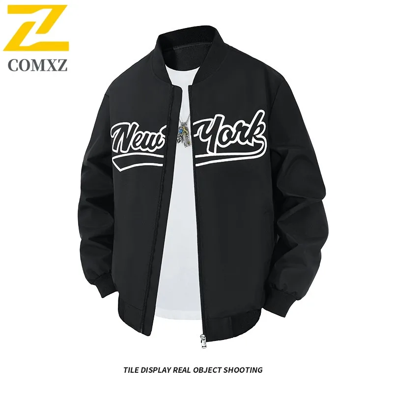 

COMXZ Men Jacket 2025 Letter Print Lightweight Baseball Collar Trendy Outdoor Travel Windproof Coat Preppy Jackets Streetwear