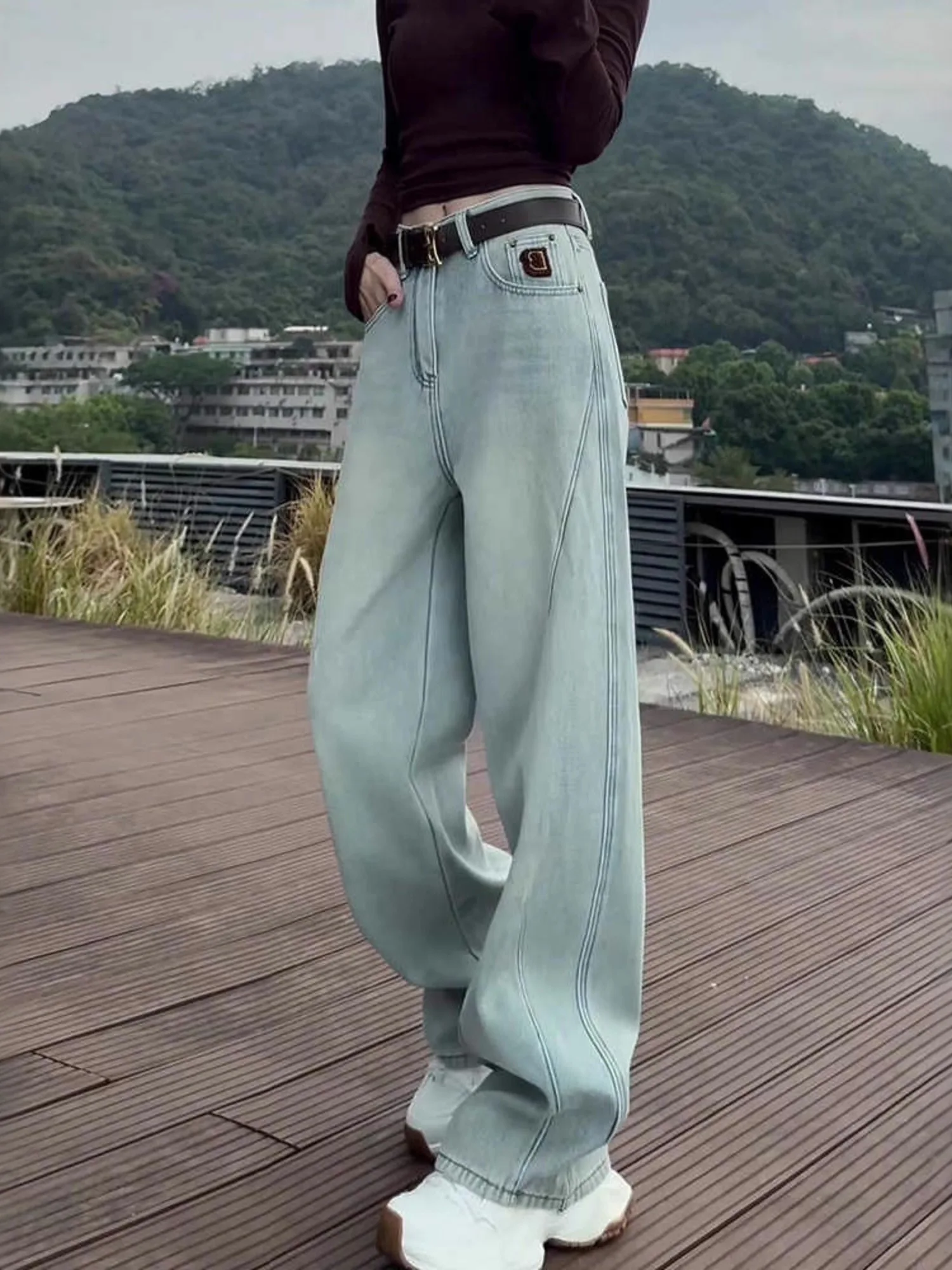 Women's Light Blue Vintage Wash Wide Leg Jeans High Stretch Contrast Stitch Denim Pants S-3XL