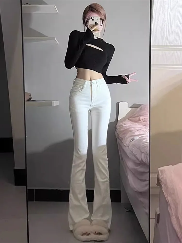 

Женские джинсы с высокой талией, расклешенные, стрейчевые, в пол, в американском ретро-стиле, белые, из денима, утягивающие, весенне-осенние брюки