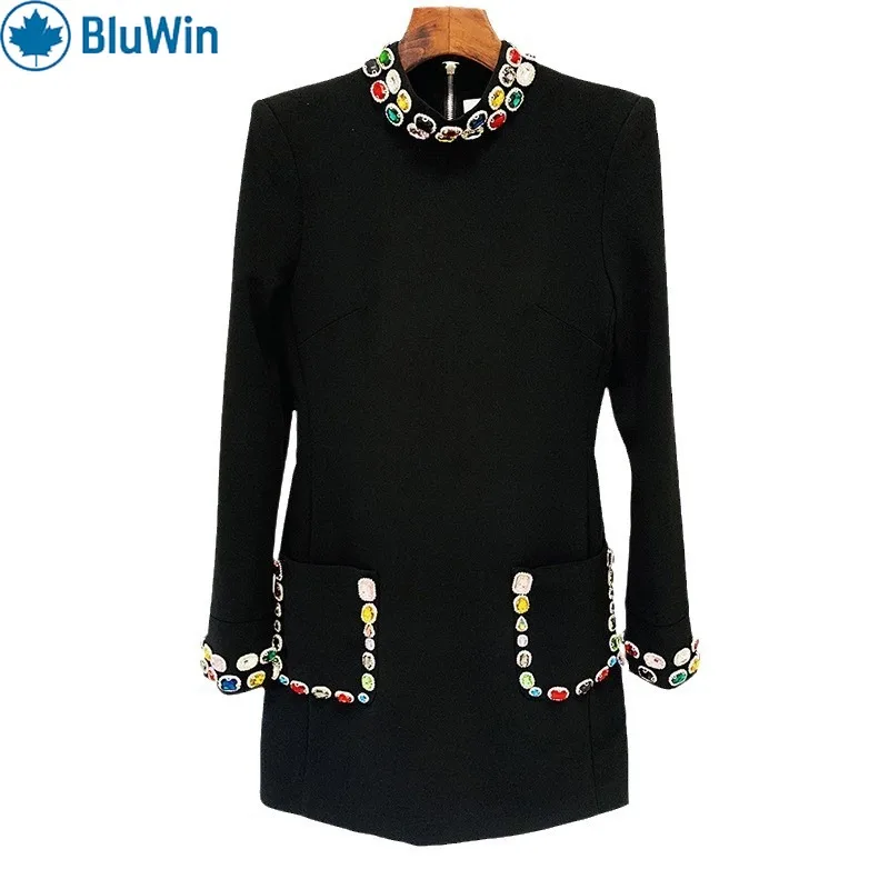 

URBANCHIC Elegant Black Dress – Colorful Gemstone Detailing for a Chic, Luxurious Look