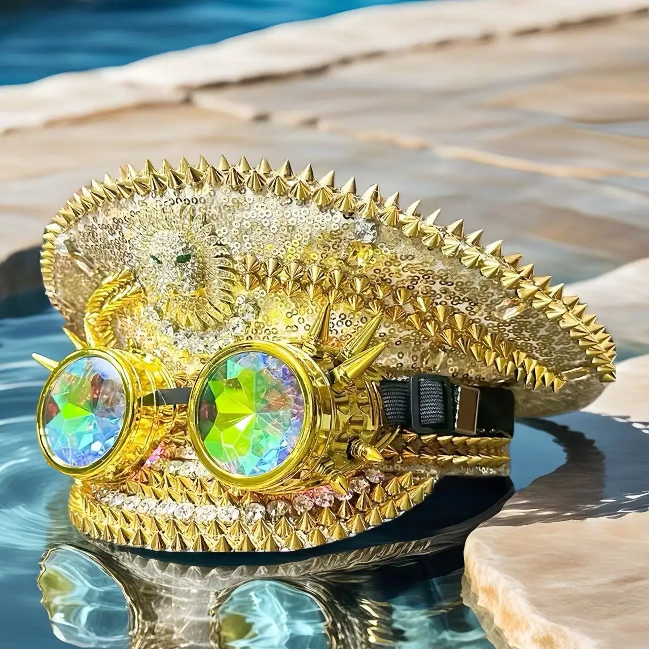 홍루안 골든 고글 캡틴 모자 뮤직 페스티벌 여성용, 카니발 코스튬 모자 & 코스프레 여성 액세서리