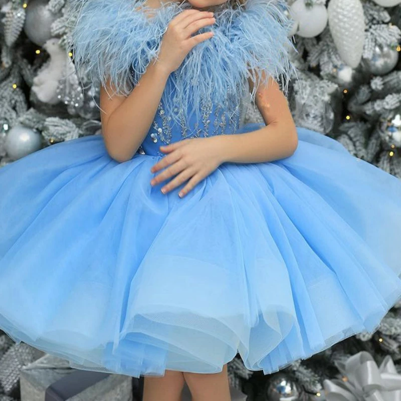 

Sky Blue Sequin Flower Girl Dress Feathers Beading Birthday Kids Dresses Ball Pageant For Wedding Party First Communion