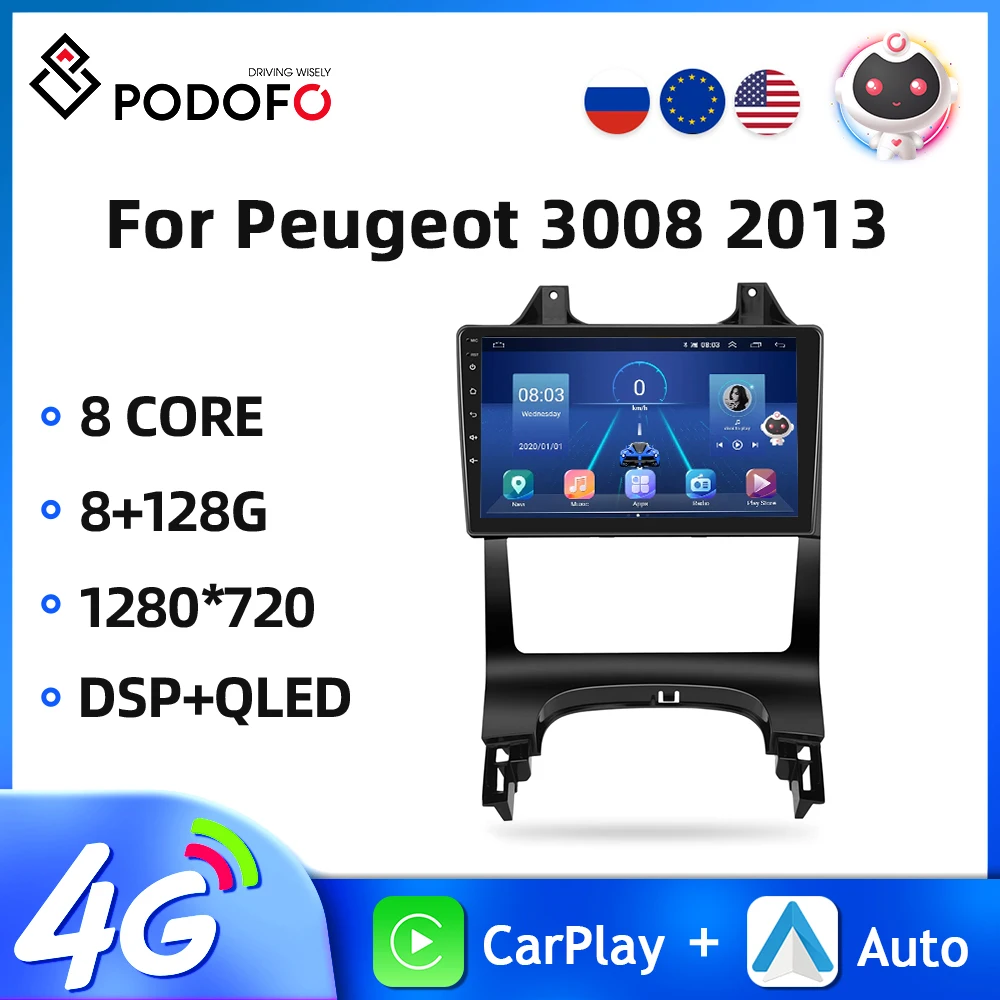 

Podofo AI Voice Car Radio Android Auto Carplay For Peugeot 3008 2013 2din Multimedia Video Player GPS Navigation 4G WIFI DSP EQ