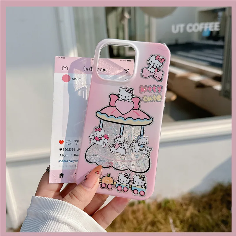 Hello Kitty Carousel Phone Case for iPhone 13 14 15 16 Pro Max 13pro 14pro 15pro 16pro Pink amusement park Cover Capa