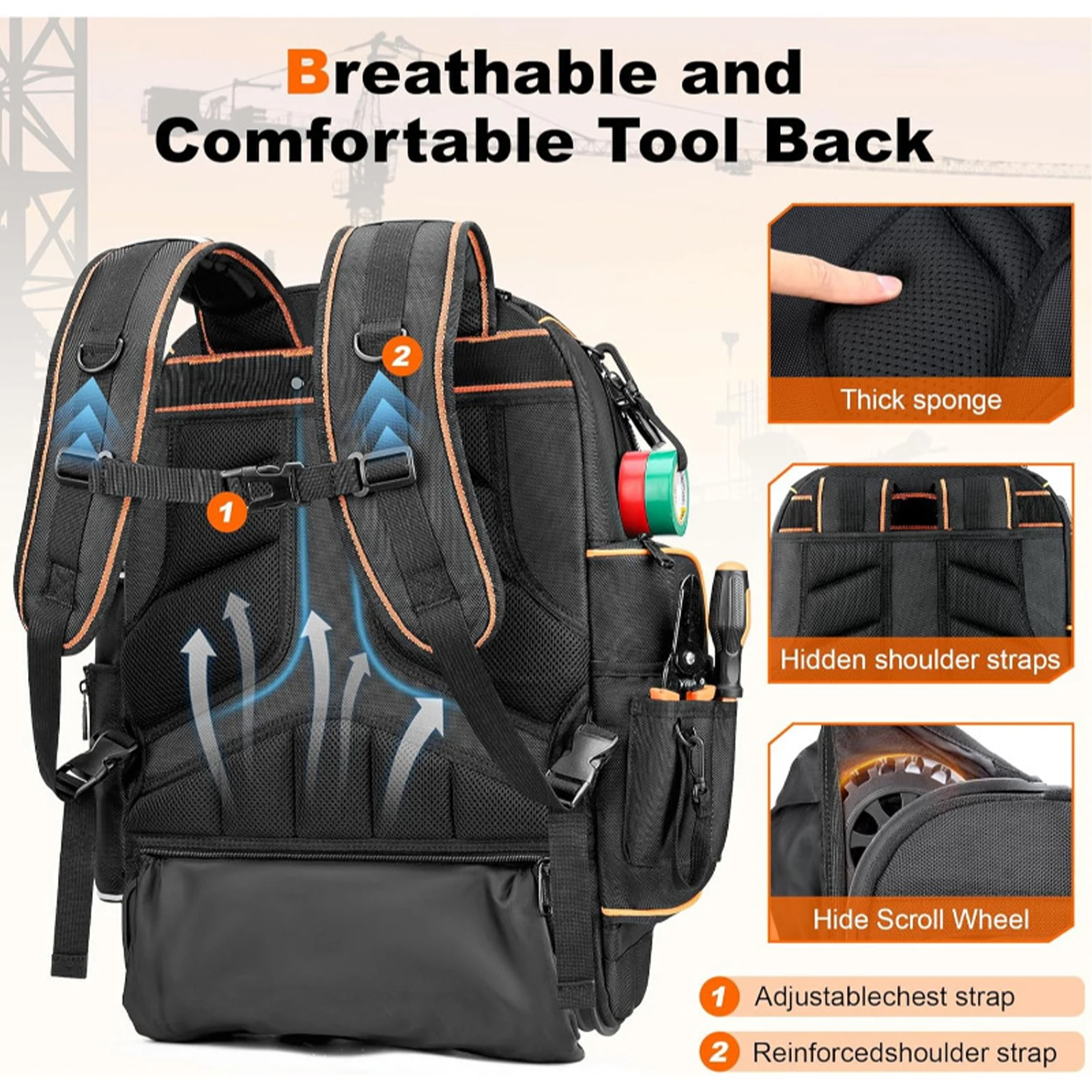 Tool Backpack USB Charging Port Electrician Backpack Waterproof Base Rolling Electrician Bag for Electricians & Home Repair