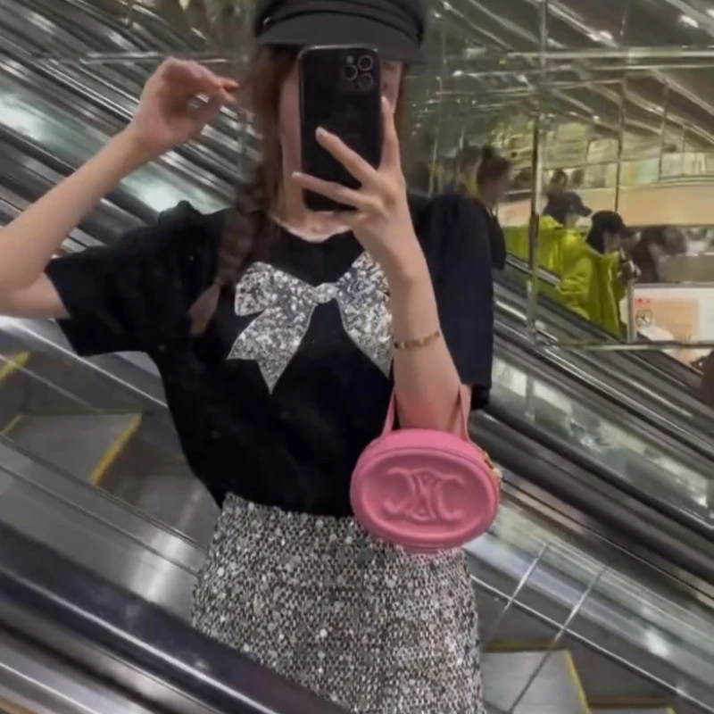 Women T-shirts Comfortable Simple Cozy Summer Fitness Bow Short Sleeve Casual All-match Sweet French Style Sequined Clothing Ins