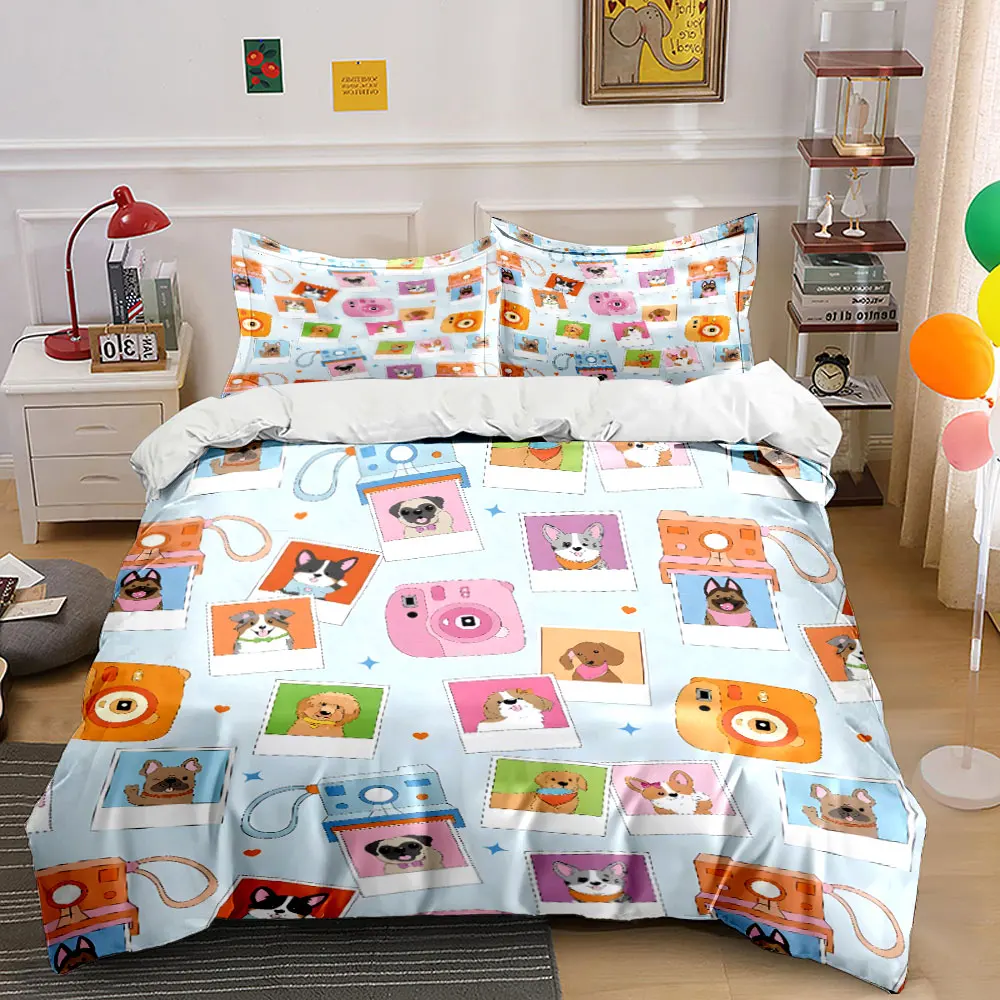 Cute Dogs and Cameras Illustration Printed Duvet Cover Set 1 Duvet Cover+2 Pillowcase Multi Size Bedroom Bedding Decor