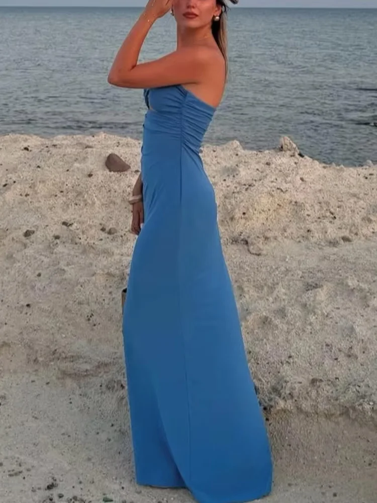 HH Women Summer Solid Back Zipper Sexy Pleated Long Dress Sleeveless Women Fashion Backless Open Design Tube Top Dresses