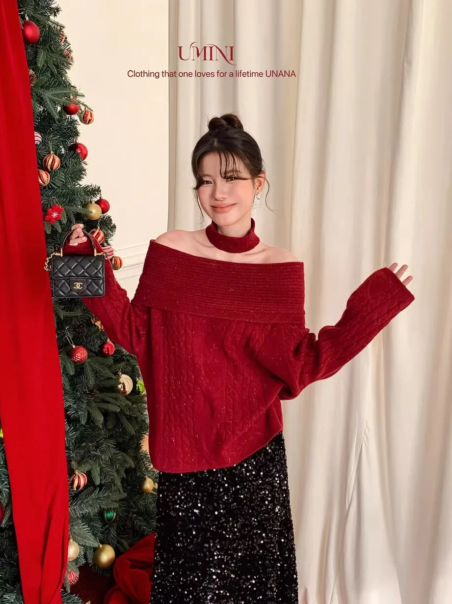 

iny Tead Loose Women's Knitted Sweater One-oulder Sle for Annual Meeting Winter Faionable Sexy Ne Covering Casual...