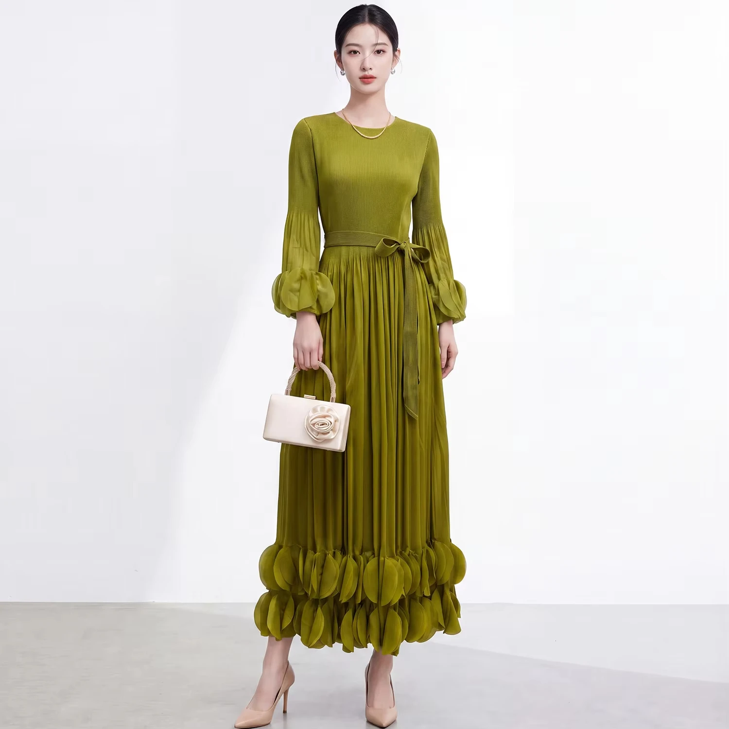 ANLAN Women Round Neck Pleated Maxi Dress Tie Waist Petal Ruffle Cuff Long Sleeve Spliced Design Loose Long Dresses 9AN3328