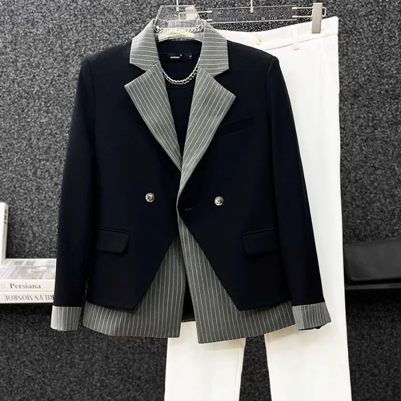 

Men's Cool and Stylish Faux Two-piece Suit Jacket Spring Autumn Striped Personalized Suit Fashionable British New Style Outcoat