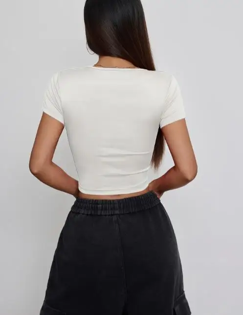 

Summer 2025 Elastic V-Neck T-Shirt Short Sleeved Top for Women, Sexy and Spicy Girl, Waist Hugging Tight Solid Color T-Shirt