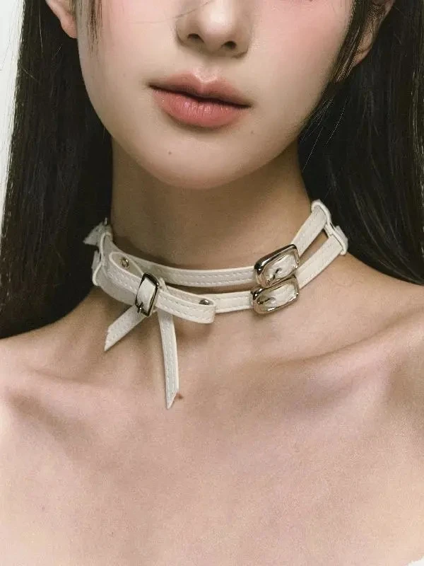 White Double-layer PU Material Belt Bow Neck Decoration Collar Exudes Unique Mature Charm Elegant and Atmospheric Lady Jewelry