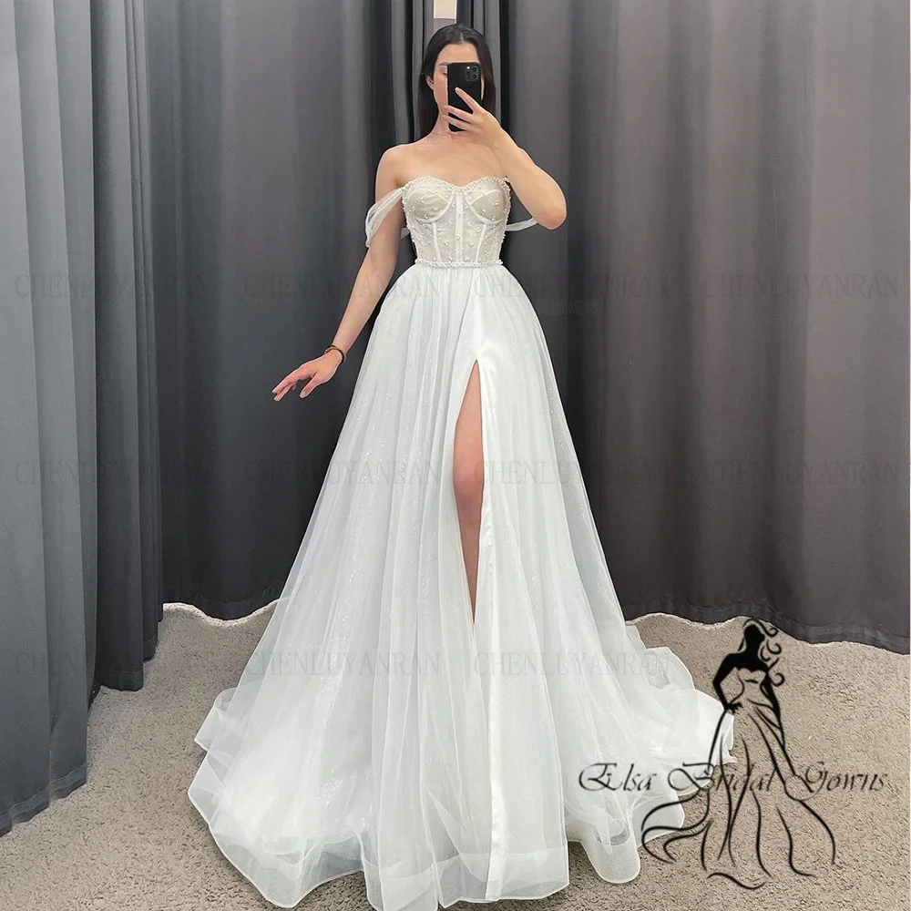 Boho Wedding Dresses Sweetheart Beads Pearls Tulle Bride Dresses Sweep Train Split Sexy Dresses For Women 2025 Robe De Mariée