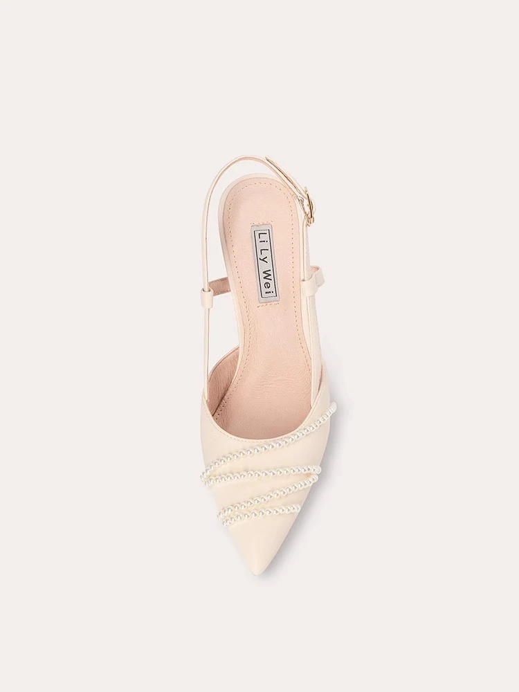 Sandal Hak Rendah Rantai Mutiara Kulit Runcing Baru Musim Semi dan Musim Panas Sepatu Wanita Ukuran Besar Perjamuan Hak Tinggi Tipis