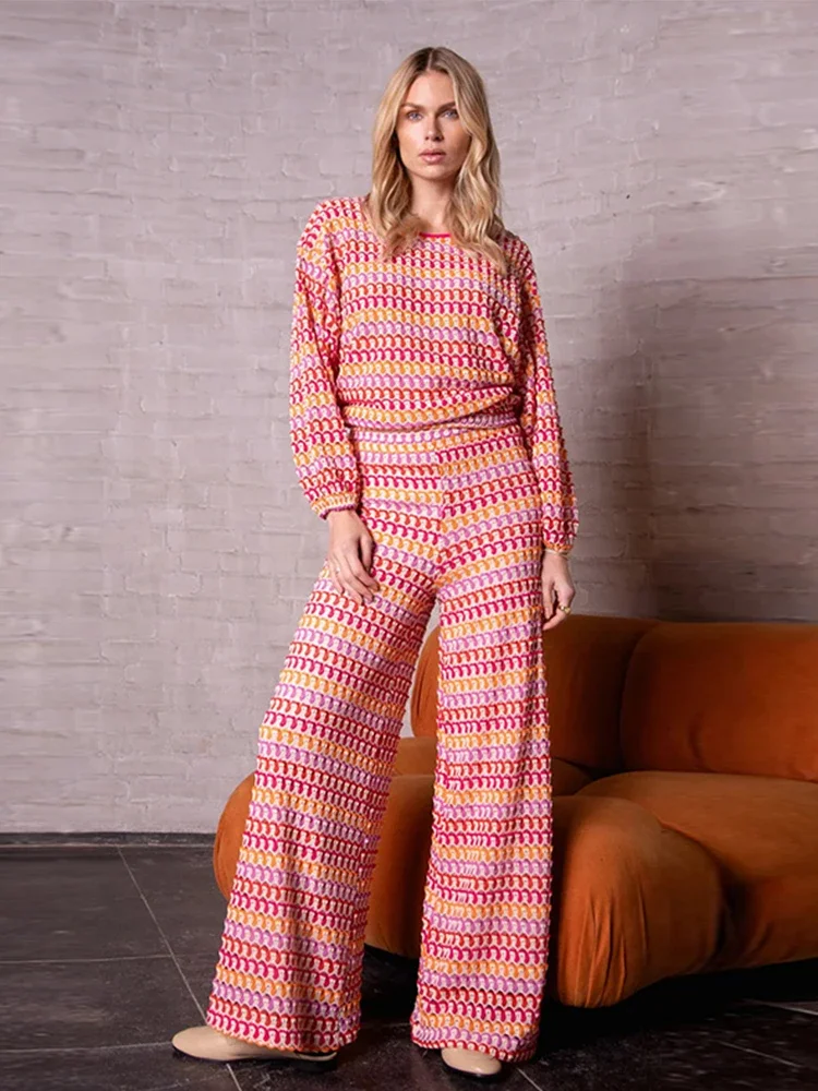 Colorful Striped Sets With Pants Women 2 pieces Suit O-neck Long Sleeves T-shirt and Bell-bottoms Pants 2024 Autumn Fashion Set