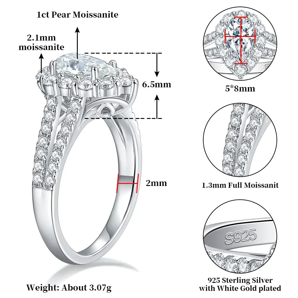 Pretty Beauty 1CT Pear Cut Halo Moissanite Engagement Ring for Women S925 Silver Pave Band Diamond Promise Ring Wedding Jewelry