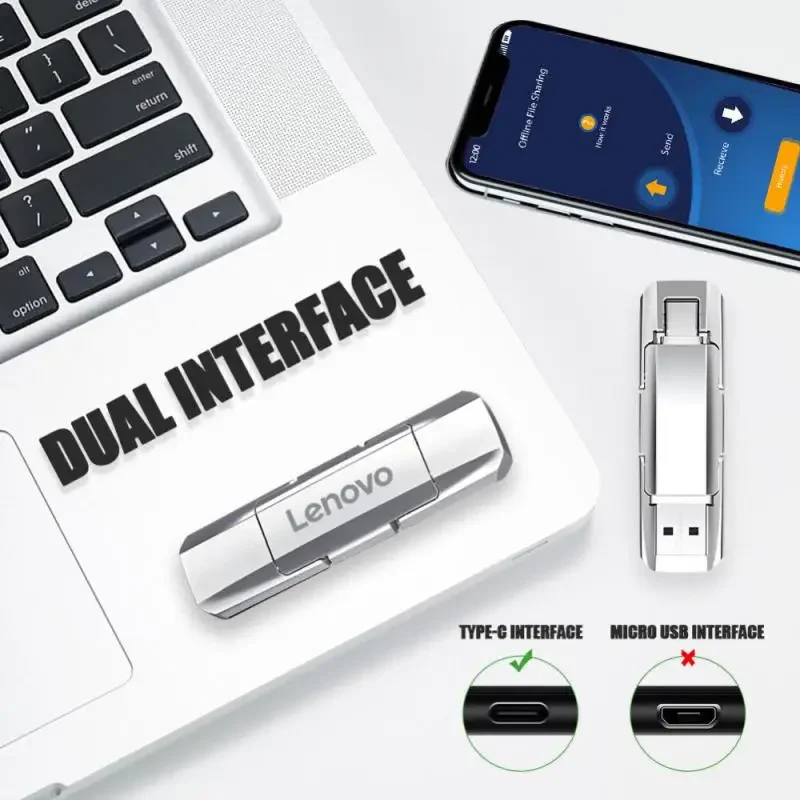 레노버 USB 3.0 C타입 플래시 드라이브, 고속 펜 드라이브, 고용량 스틱 메모리, 휴대용 U 디스크, 2TB, 1TB, 512GB, 256GB