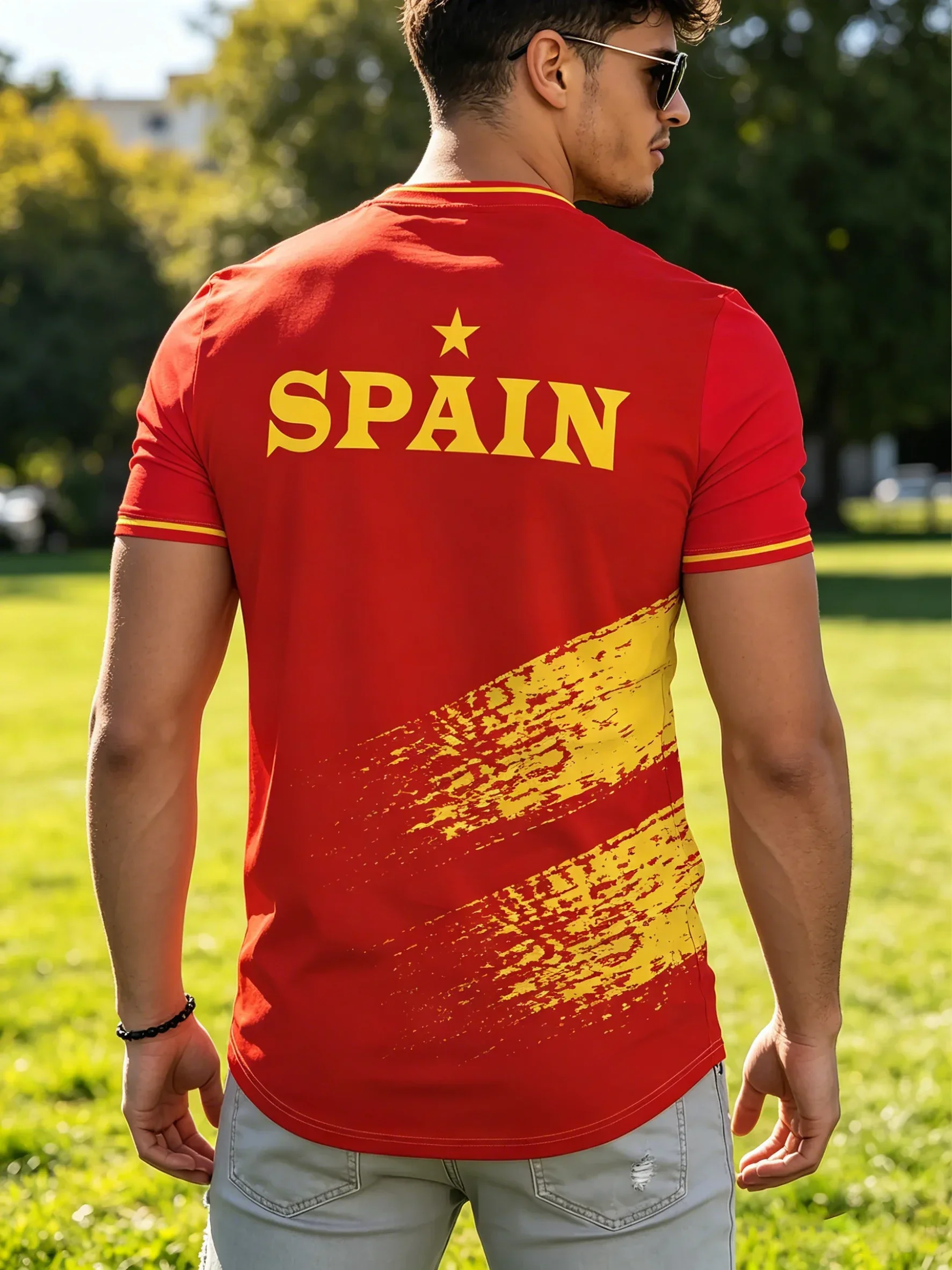 Customization Men'S Red Background Yellow Letters SPAIN Star Print Short-Sleeved T-Shirt, Round Neck, Slim Fit, National Theme S