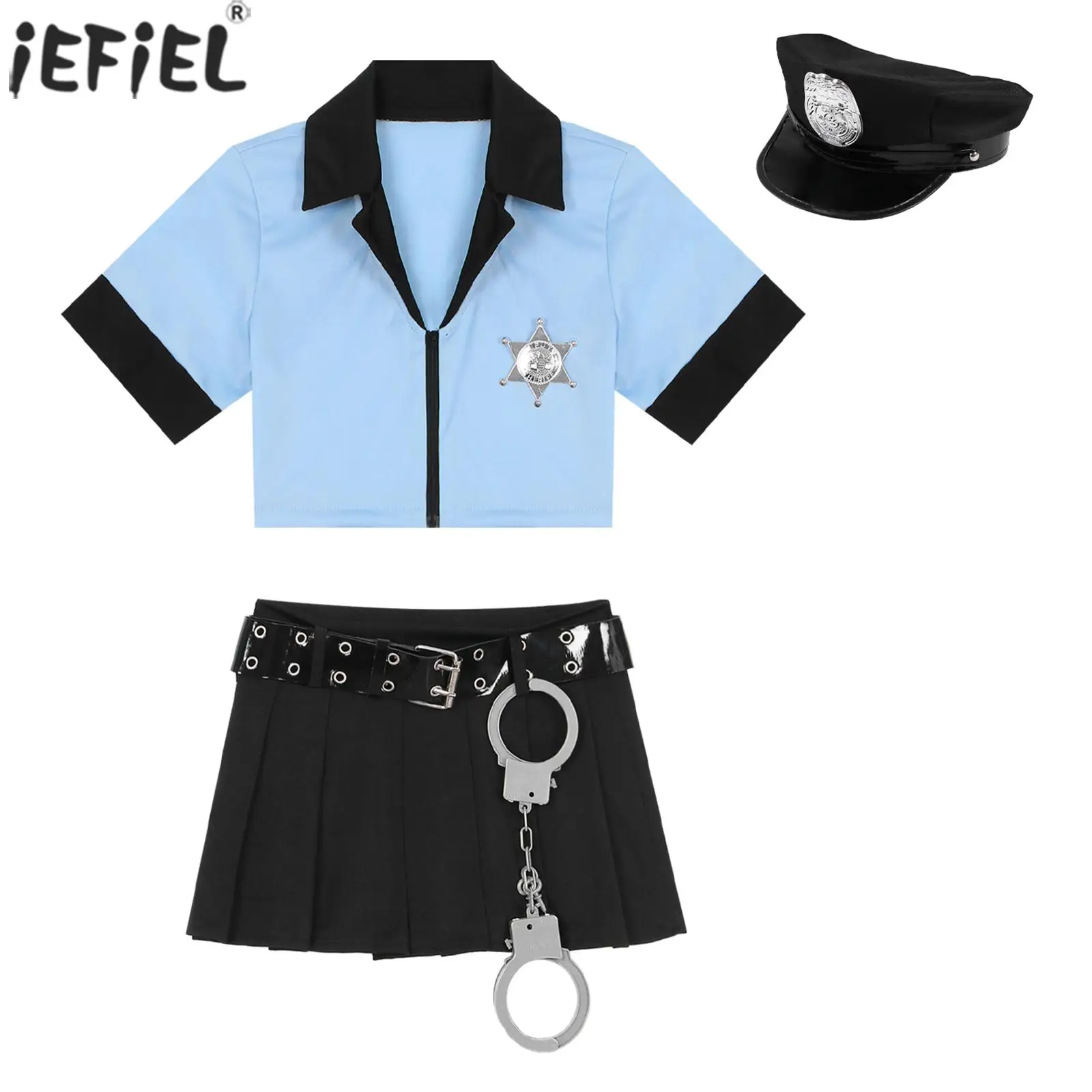 

Womens Police Role Play Costume Halloween Party Outfits Short Sleeve Crop Top Pleated Mini Skirt With Belt Hat Cuffs Badge