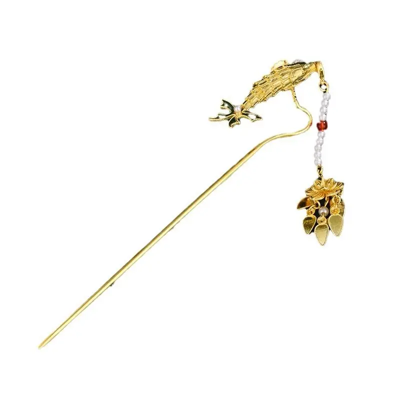 Antique Copper Gold Plated Moving Fish Lotus Hairpin with Pearl Accents Hanfu Hair Accessory for Bridal Traditional Wedding Gift