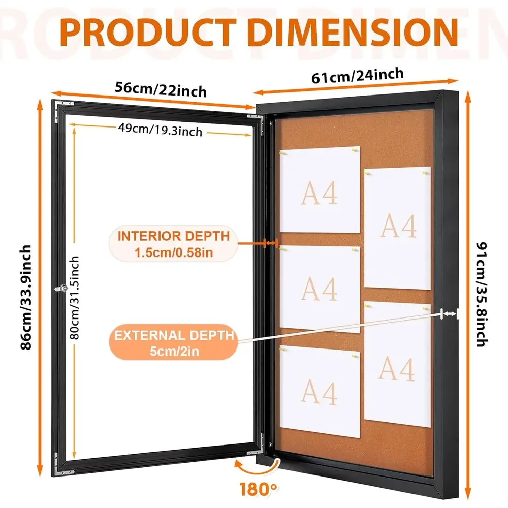 Quadro de Cortiça Fechado e Seguro de 36x24 Polegadas, Quadro de Avisos Externo com Porta Trancável para Uso Empresarial e Educacional