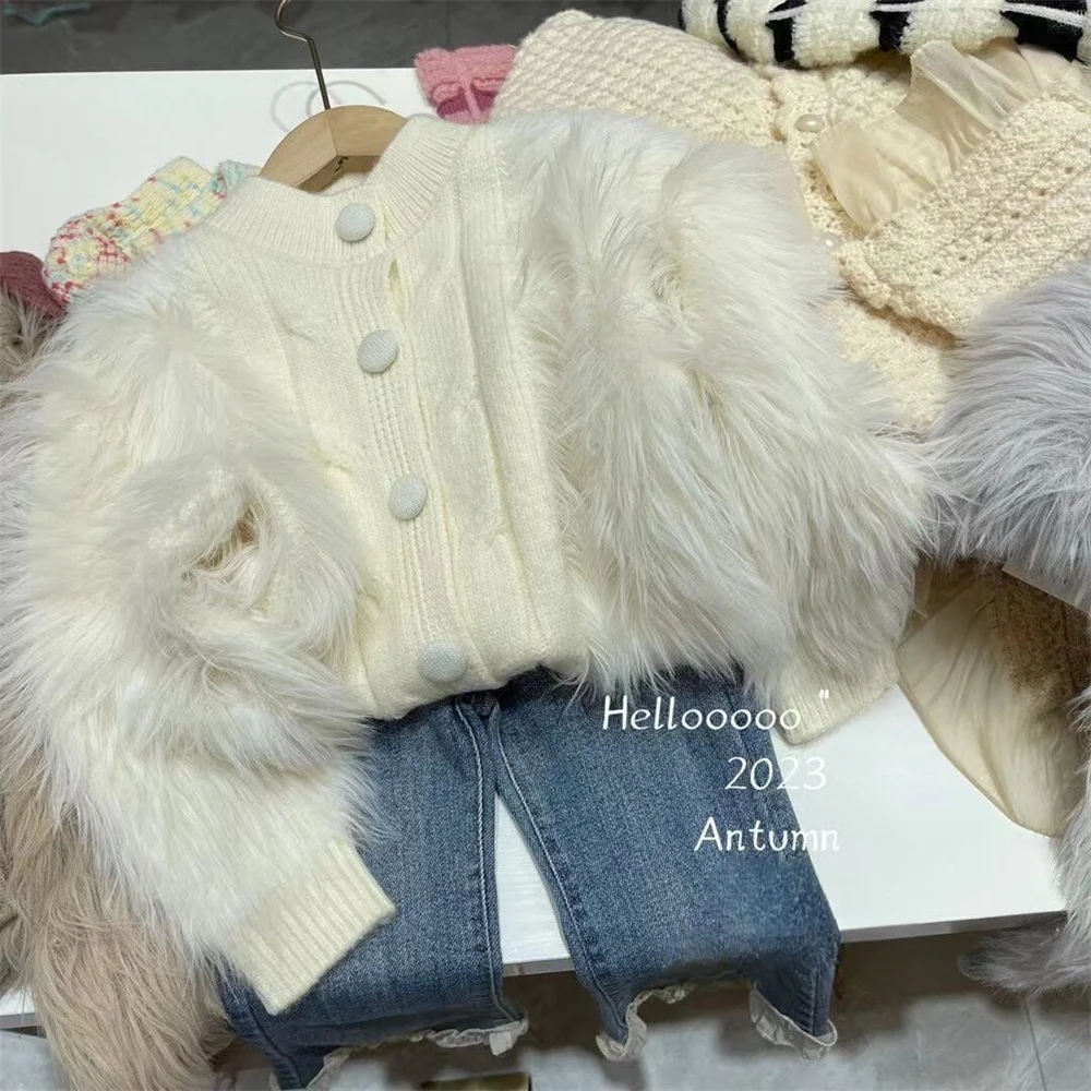 

Fashion Baby Girl Princess Fur Knitted Jacket Autumn Spring Infant Toddler Child Sweater Cardigan Knitwear Baby Clothes 1-10Y