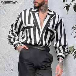 INCERUN Tops 2024 American Style New Men Personality Black&White Striped Pocket Shirts Casual Hot Sale Long Sleeved Blouse S-5XL