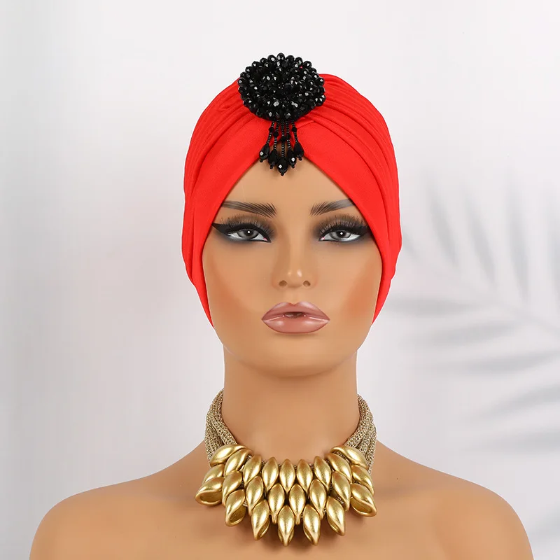 African Indian Beaded Tassel Bonnet Beanies Women Hijab Muslim Headscarf Turban Pleated Hair Loss Hat Chemo Cap Turbante Mujer