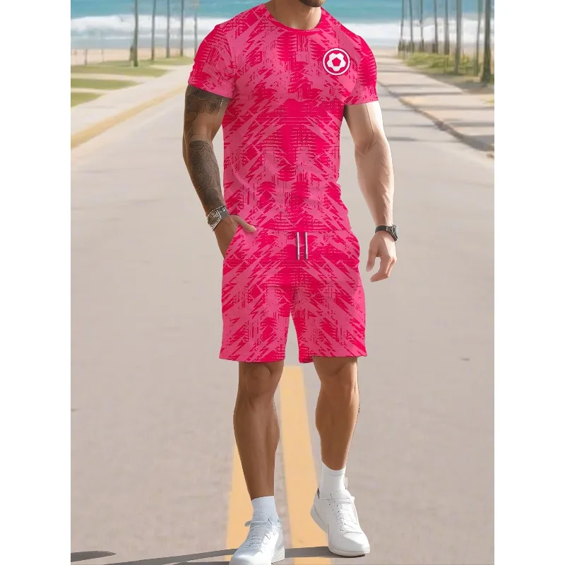 2025 Men's Summer 3D Printed Round Neck Short Sleeved T-shirt and Shorts Set for Daily Leisure, Sports, Breathable Street Wear