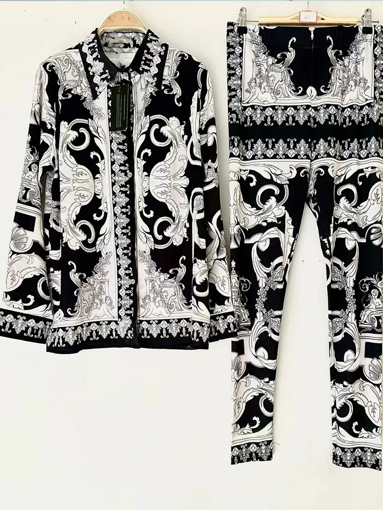 Retro printed lapel long-sleeved shirt 2025 spring women's new suit+elastic waist slim elastic feet pants fashion two-piece suit - Image 4