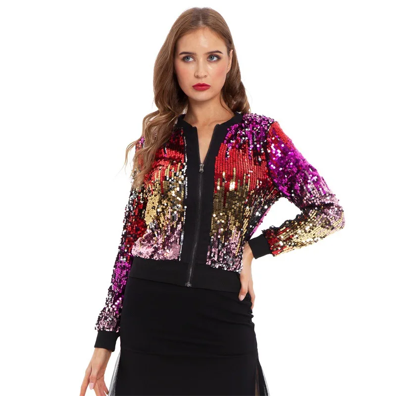 Women Colorful Sequin Bomber Jacket Fashion Streetwear Stand Collar 2023 Spring Autumn Ladies Casual Coat Zip Up Baseball Jacket