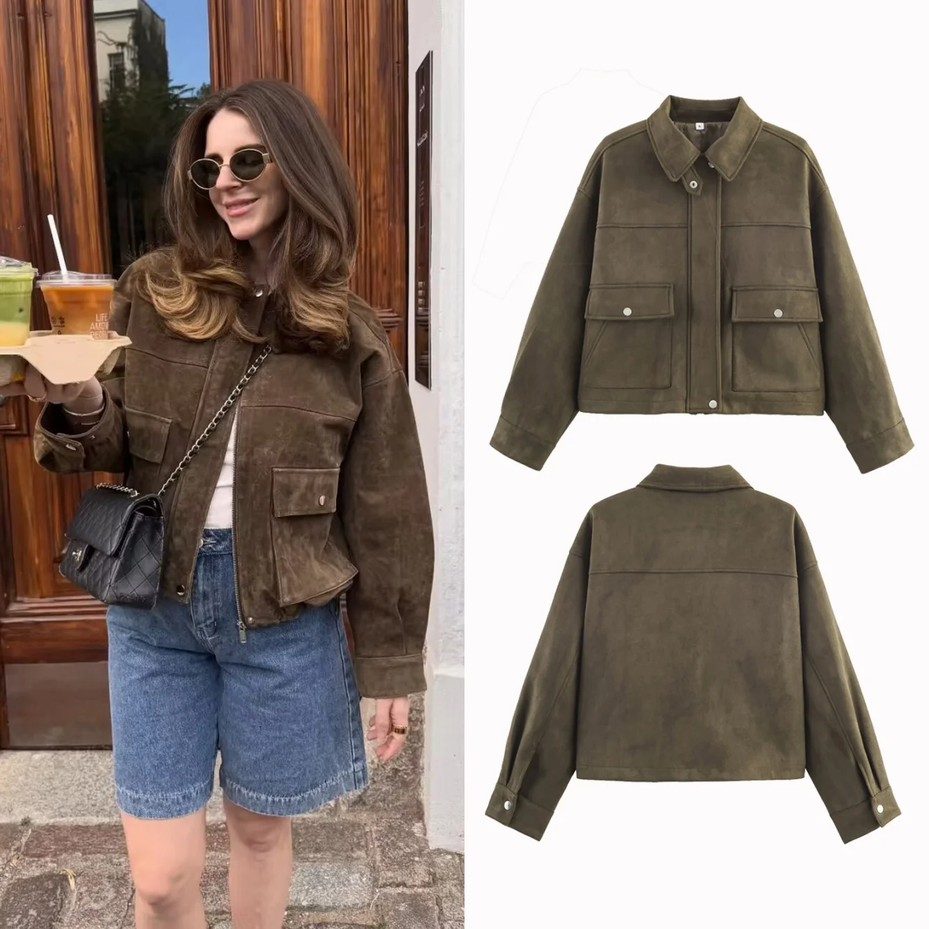 

Women Casual Solid Suede Jacket Streetwear Stand Collar Full Sleeve Zippers Loose Coat Female Autumn Winter Fashion Lady Jacket