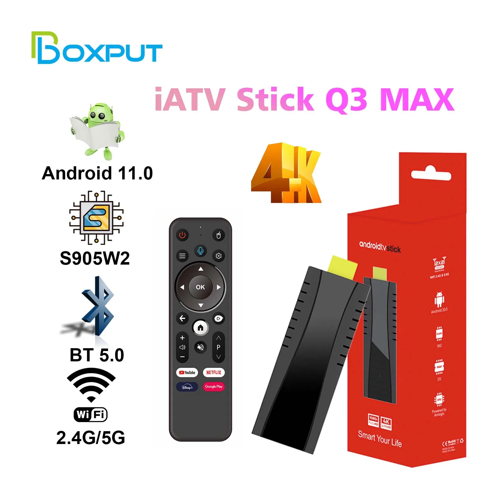 BOXPUT iATV Q3 MAX Android 11 TV Stick Amlogic 905W2 Quad Core 2GB/16GB TV Box portatile WiFi BT5.0 AV1 4K Video Mini TV Stick