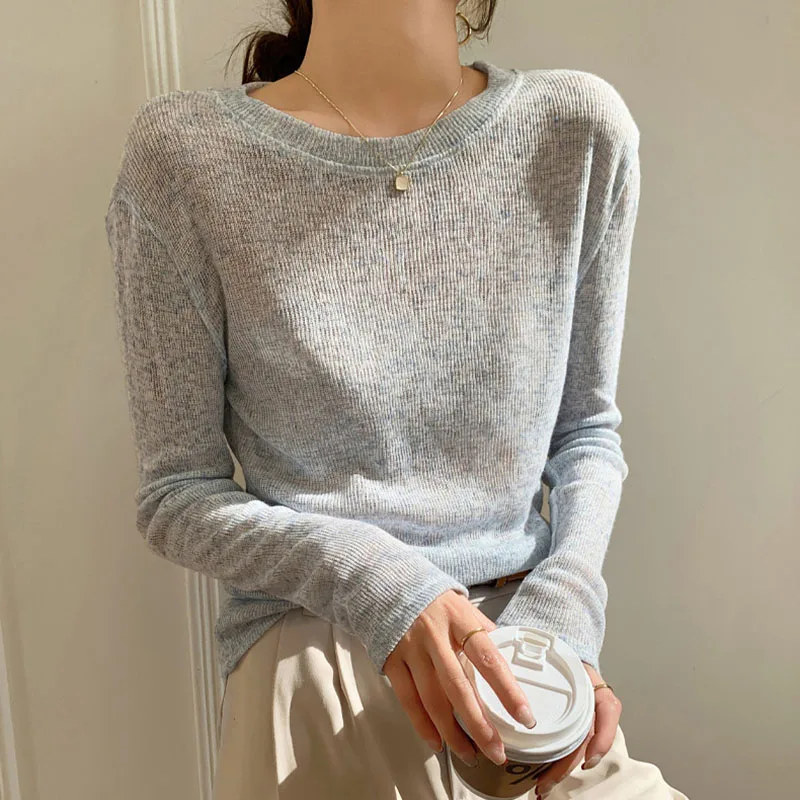 Thin Hollow Out Knitted Blouse Women Solid Color Casual Loose Long Sleeve T-shirts Female Fashion Simple Soft Round Collar Tops